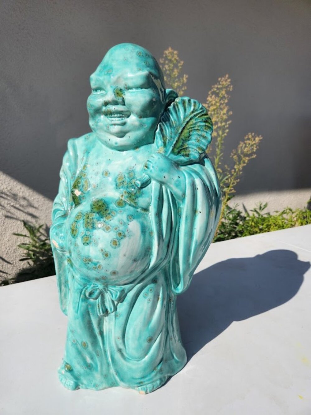 LARGE 19" Vintage Turquoise Glazed Ceramic Laughing Buddha Budai Statue With Fan